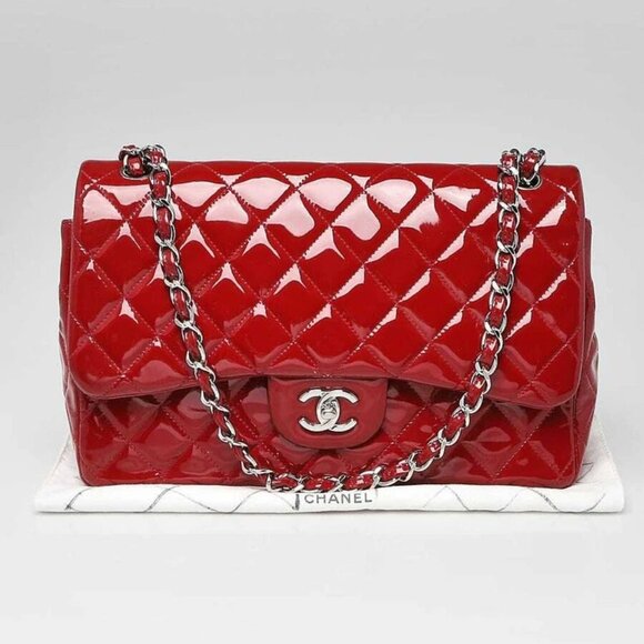 Chanel Red Quilted Patent Leather Classic Jumbo Double Flap Bag - Picture 1 of 11